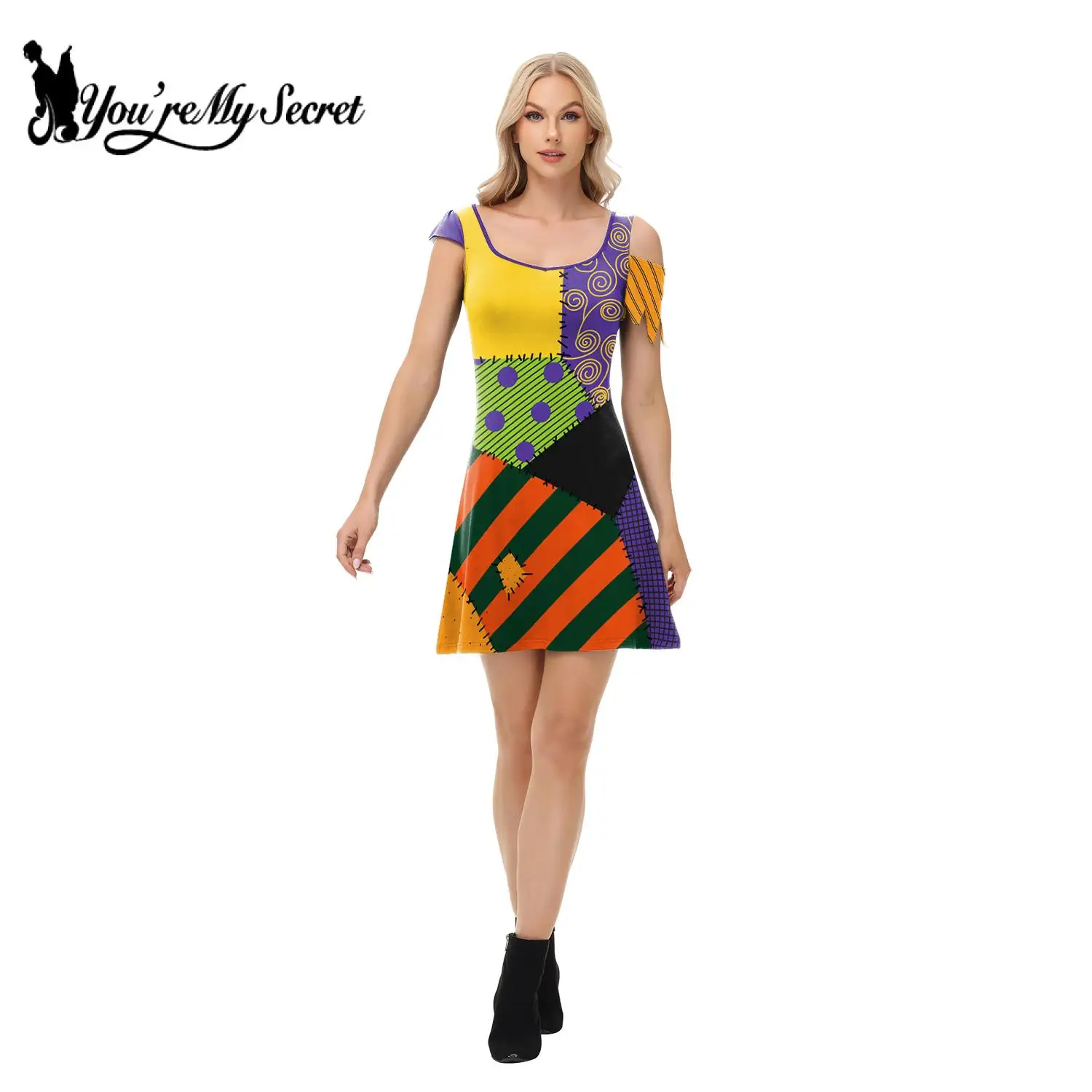 [You're My Secret] Dress for Women Scary Sally Cosplay Costume Girl Funny Halloween Party Sleeveless Asymmetrical Female Dresses