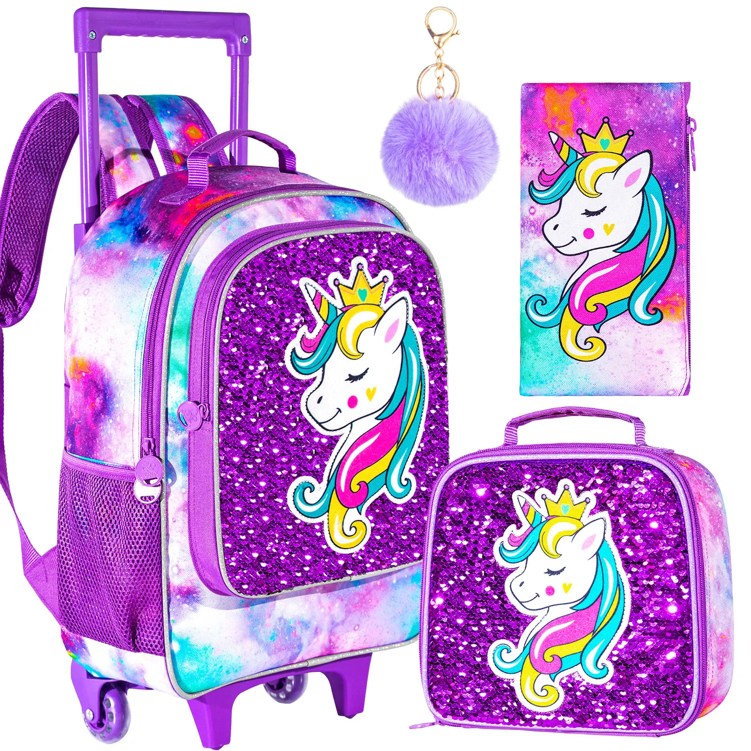 3PCS Rolling Backpack for Girls Kids Roller Wheels Bookbag with Lunch Bag Sleeping Unicorn Pattern Design Glow-in-the-dark Funct