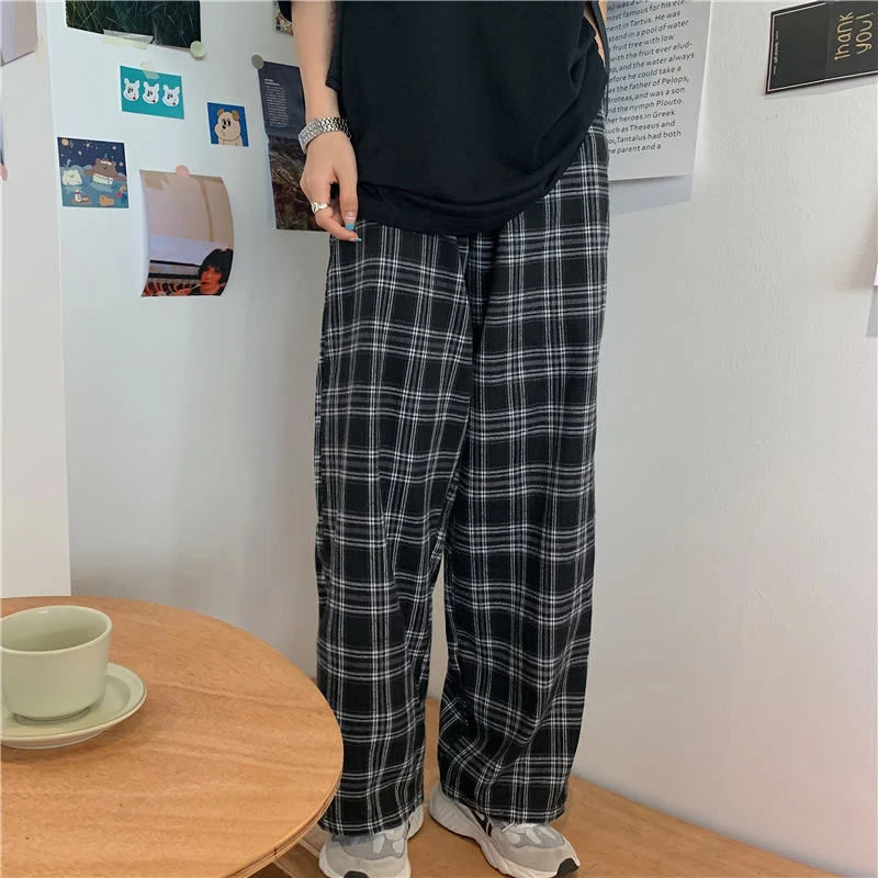 Plaid Pants Women Casual Chic 3XL Loose Wide Leg Trousers Ins Retro Teens Harajuku Hip-hop All-match Unisex Streetwear