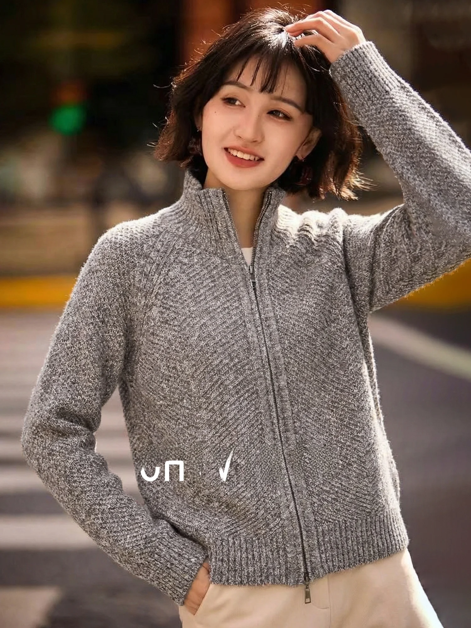 

Chivirin Women's Knitted Woolen Cardigan Zipper Collar Loose Fit Commute Slimming Sweater Coat Soft Medium Thin Long Sve