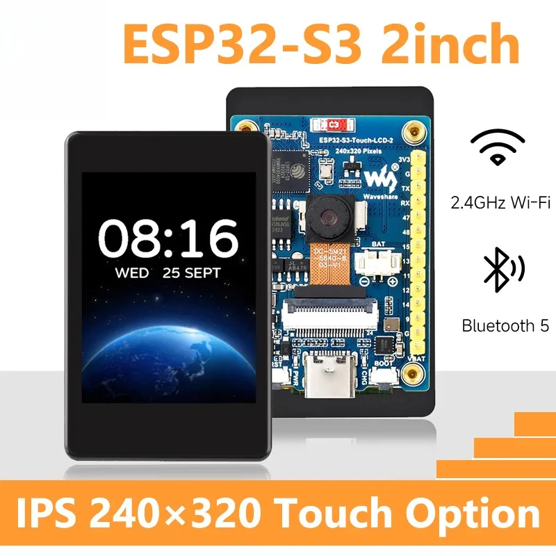 Waveshare ESP32-S3 2인치 용량성 터치 디스플레이 IPS 240×320 카메라 터치 옵션은 WiFi Bluetooth 개발 보드를 지원합니다.