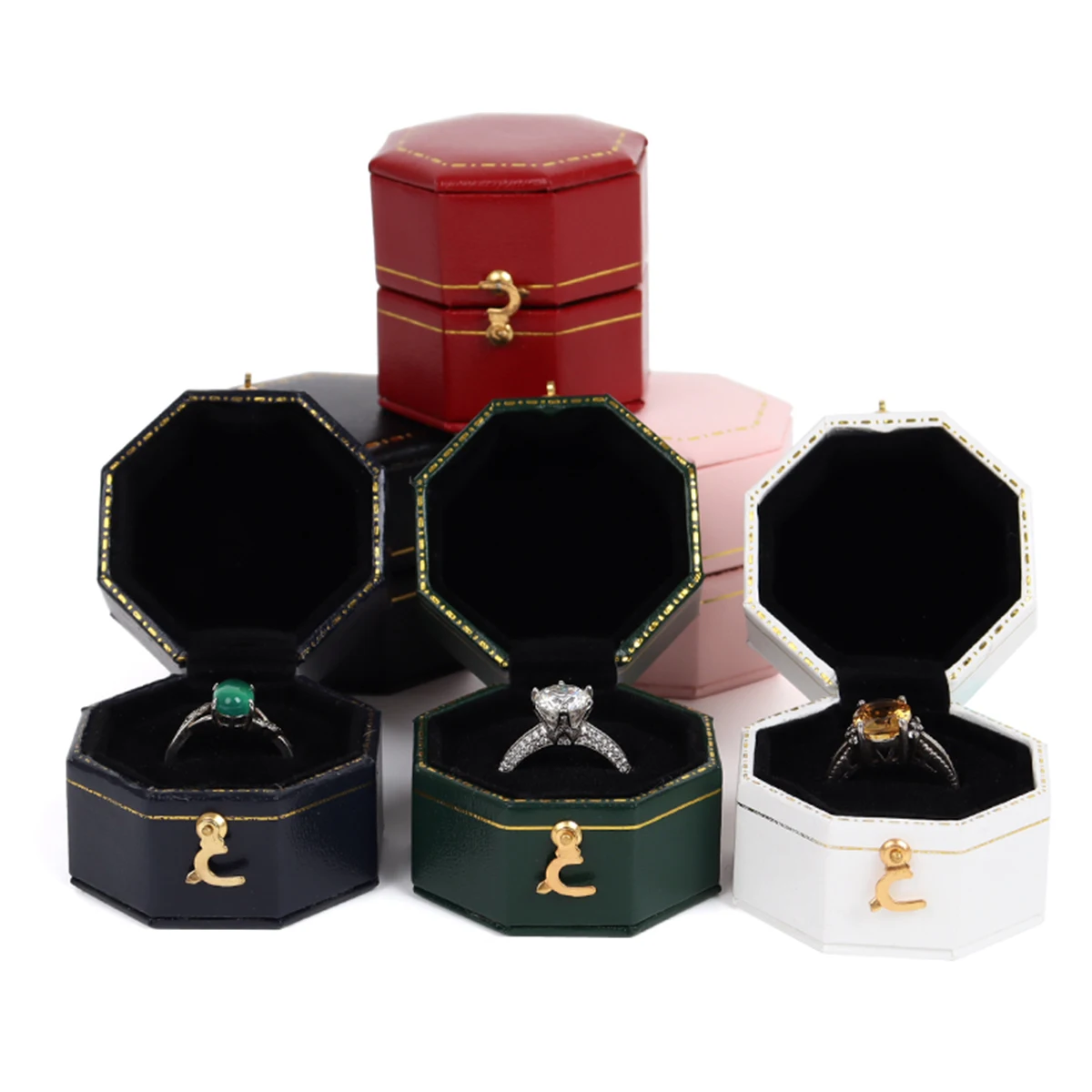 5PCS Wholesale! Mini Black Octagonal Pu Leather Vintage Jewelry Display Proposal Wedding Ring  Box For Men And Lovers Dating