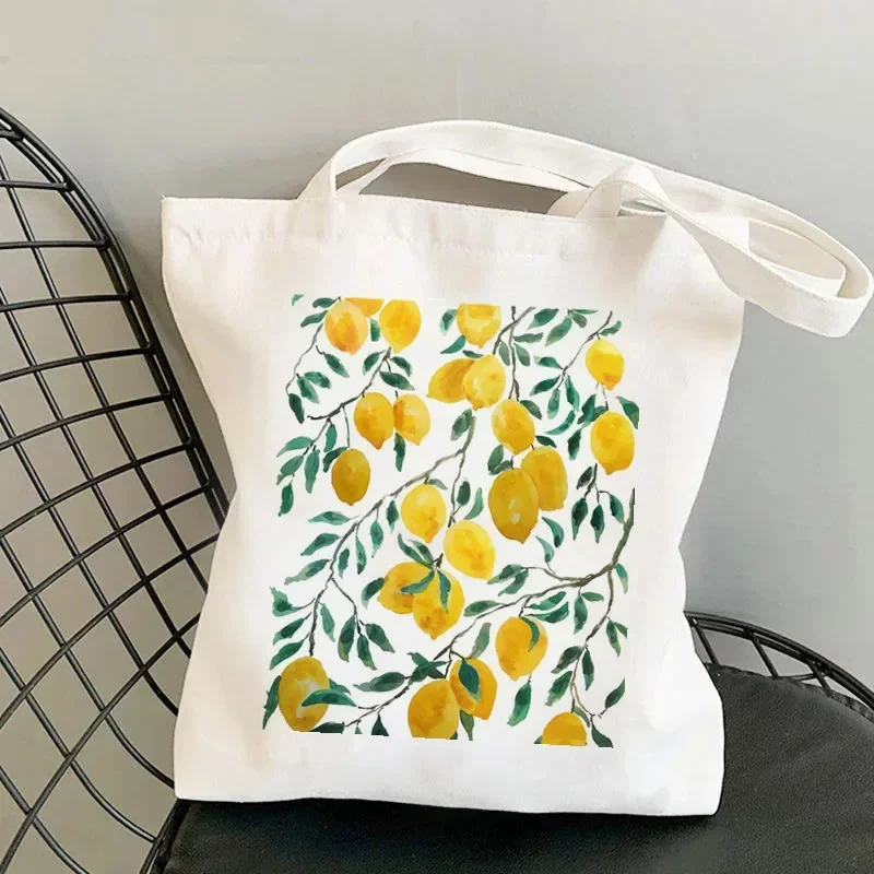 

Fashionable Yellow Lemon Print Canvas Tote Bag Harajuku Style Single Shoulder Bag For Students Casual Shopping Bag