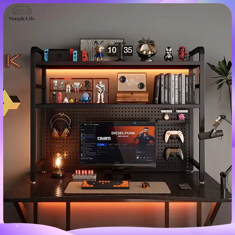 Multilayer Bookcase Desk with Grid Bookshelf Storage Rack Desktop Wrought Iron Computer Desk Table Hole Board Student Study