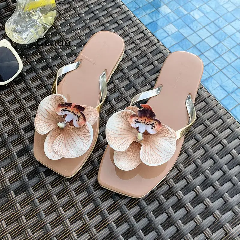 Women's 2026 Summer New Arrival French Romantic Phalaenopsis Flower Toe Post Thong Flip Flops Beach Vacation Sandals