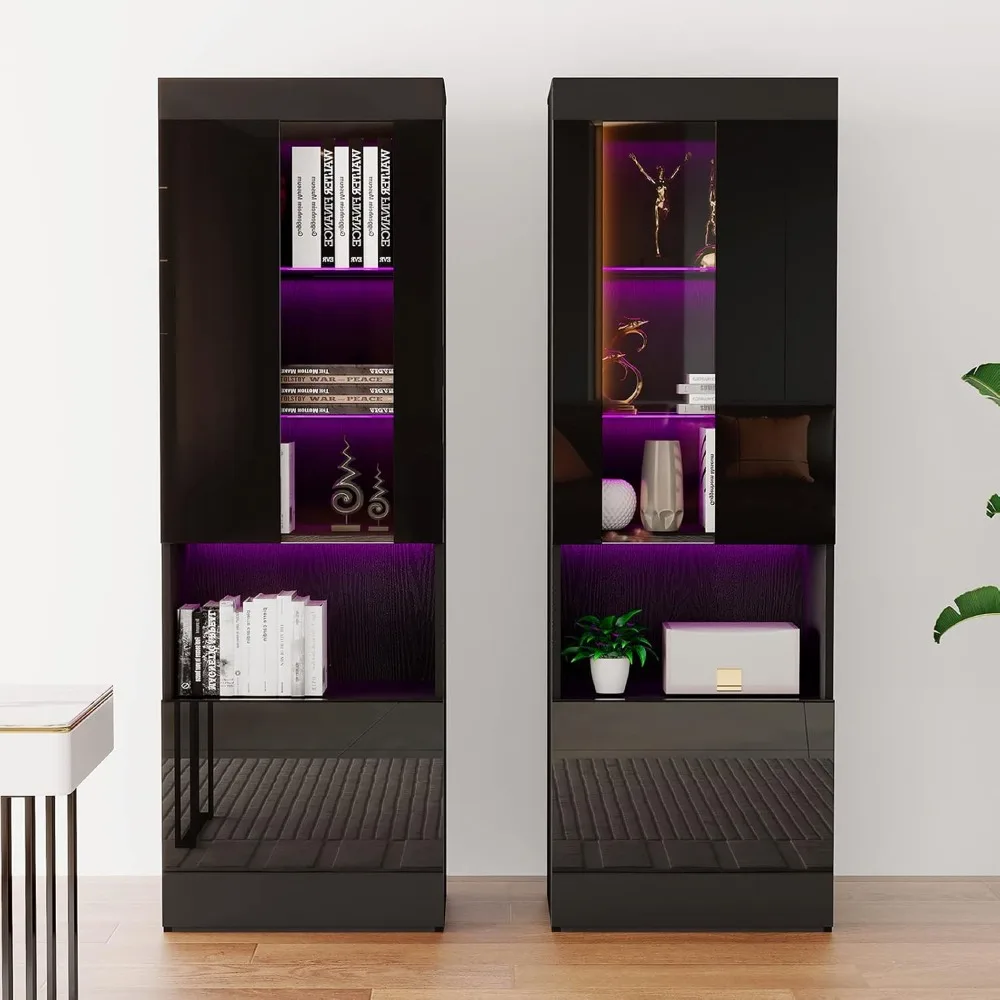 2 Piece 71in Bookcase Storage Cabinet Glass Doors, Gloss LED Bookshelf Display 5 Tiers Storage & Adjustable Shelves ,  Black