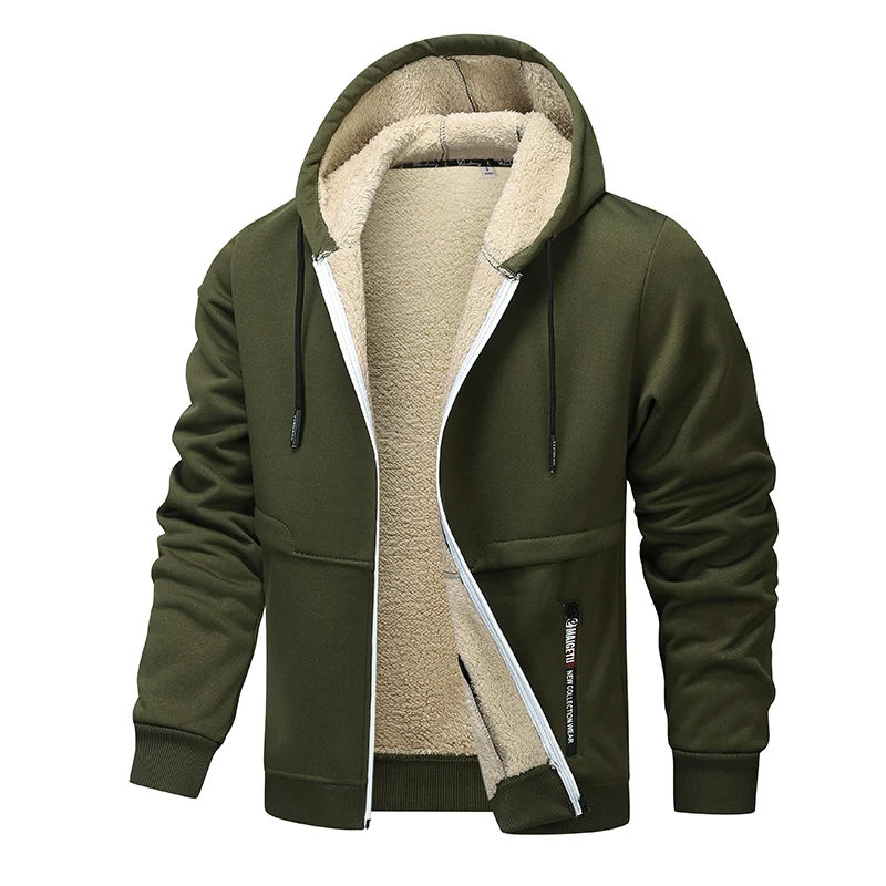 

2025 High Quality New Men Casual Hoodies Cashmere Thicken Men's Hooded Sweatshirts Zipper Solid Wool Liner Jacket Black Hoodies