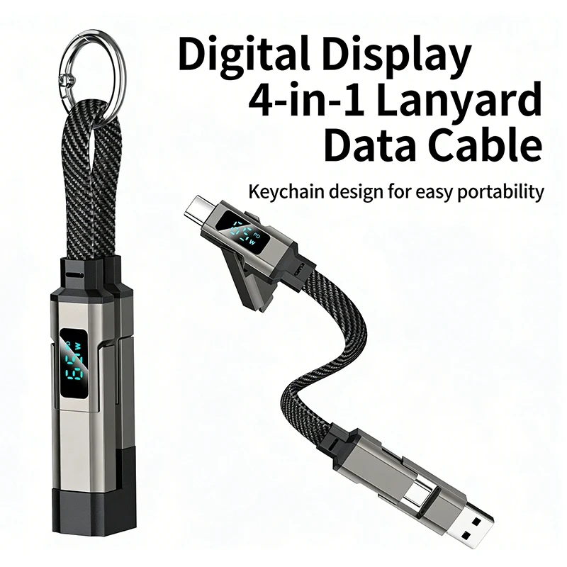Mini Tragbares Schlüsselanhänger-Datenkabel 4-in-1 Multi-USB-Ladekabel aus Zinklegierung mit Geflechtung und Leistungsanzeige – Detail 2