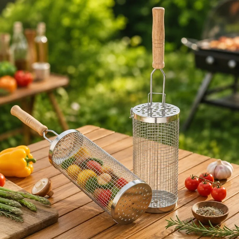 Round Barbecue Grill Basket Set Stainless Steel Rolling Steel Mesh Tube Barbecue Grill with Handle Essential for Outdoor Camping view 4