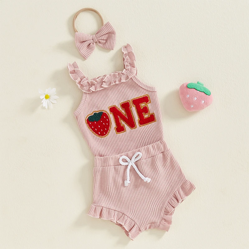 Baby Girl Birthday Outfits Strawberry Letter Embroidery Frills Waffle Sleeveless Romper Shorts Headband 3Pcs Clothes Set