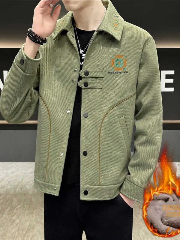 

Мужская повседневная куртка с флисовой подкладкой и принтом, с отложным воротником, утепленная, на пуговицах, для осени и зимы