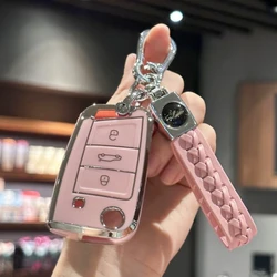 Girly Key Fob Cover with Keychain for VW Volkswagen Golf 7 MK7 Tiguan MK2 For SEAT Ateca Leon FR 2 Ibiza For Skoda Octavia, Pink