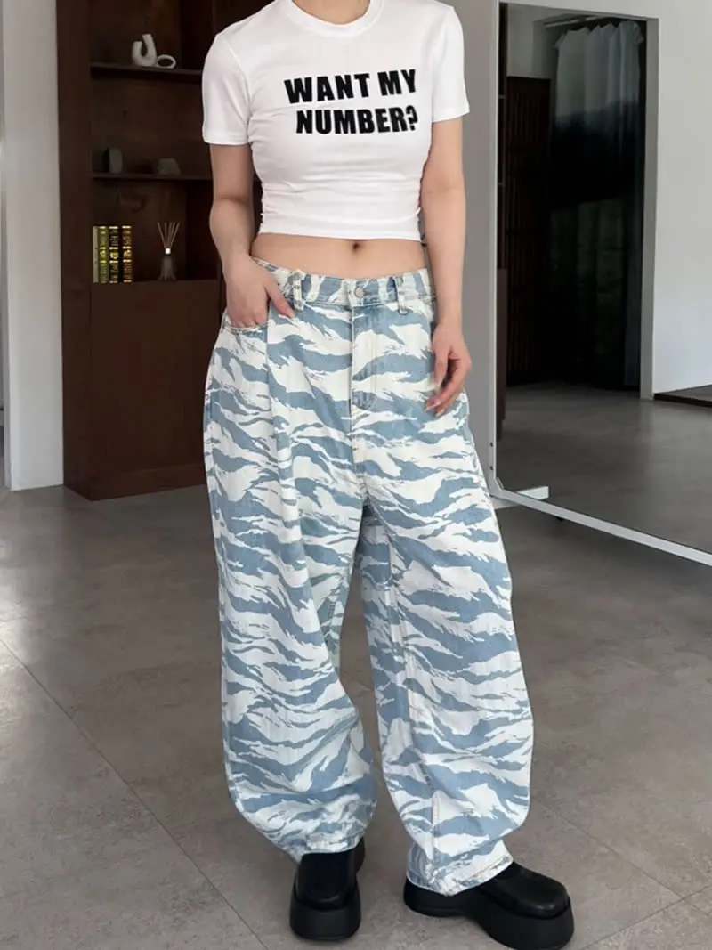 

Jeans Wave Pattern Blue Camouflage Baggy Comfortable and Breathable Classic Sweatpants Waist Button Straight Pants Y2k Pants New