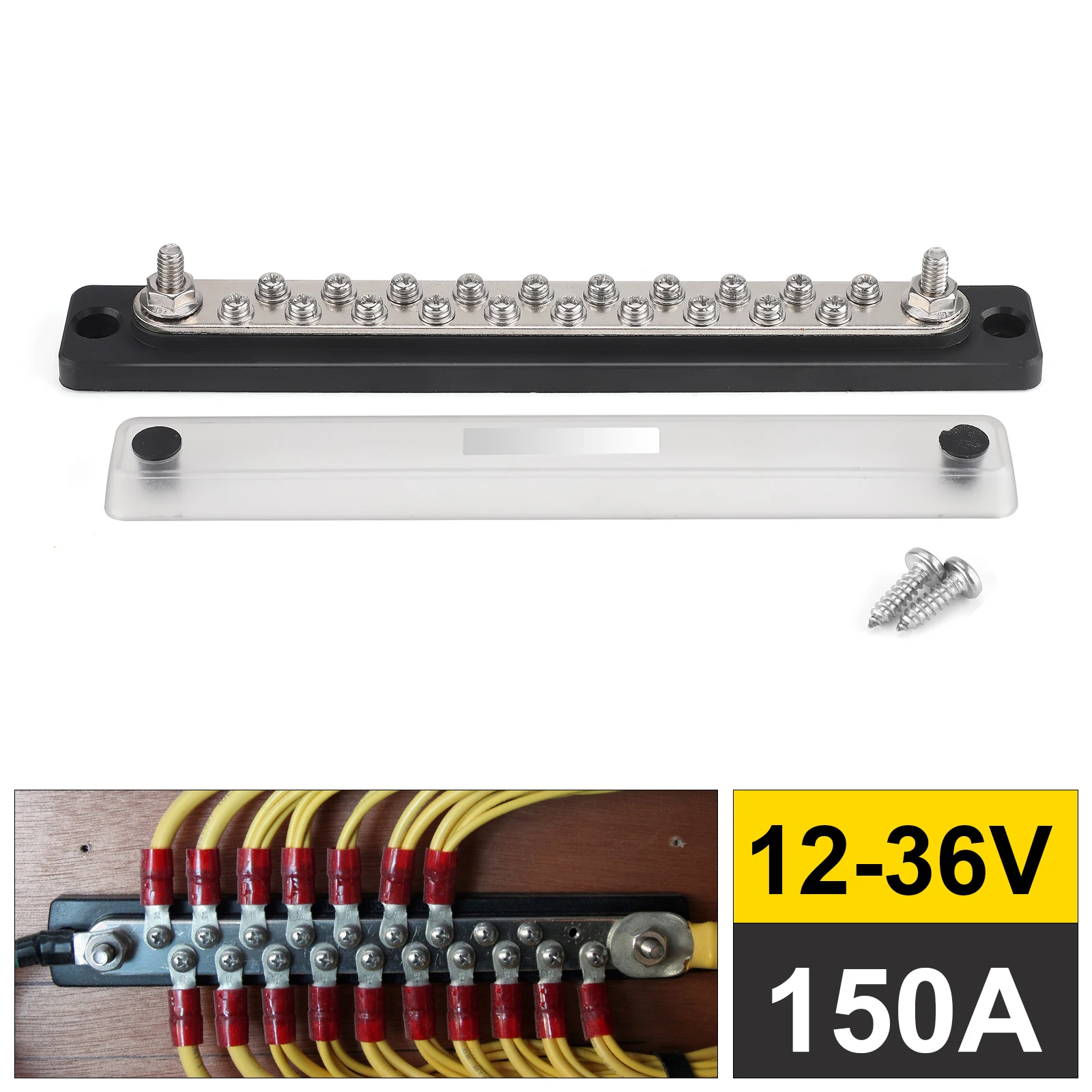 

150A 36V DC 20-контактный черный блок распределения питания с крышкой, мини-шпильки, клеммная колодка шины, максимальная автомобильная морская пехота