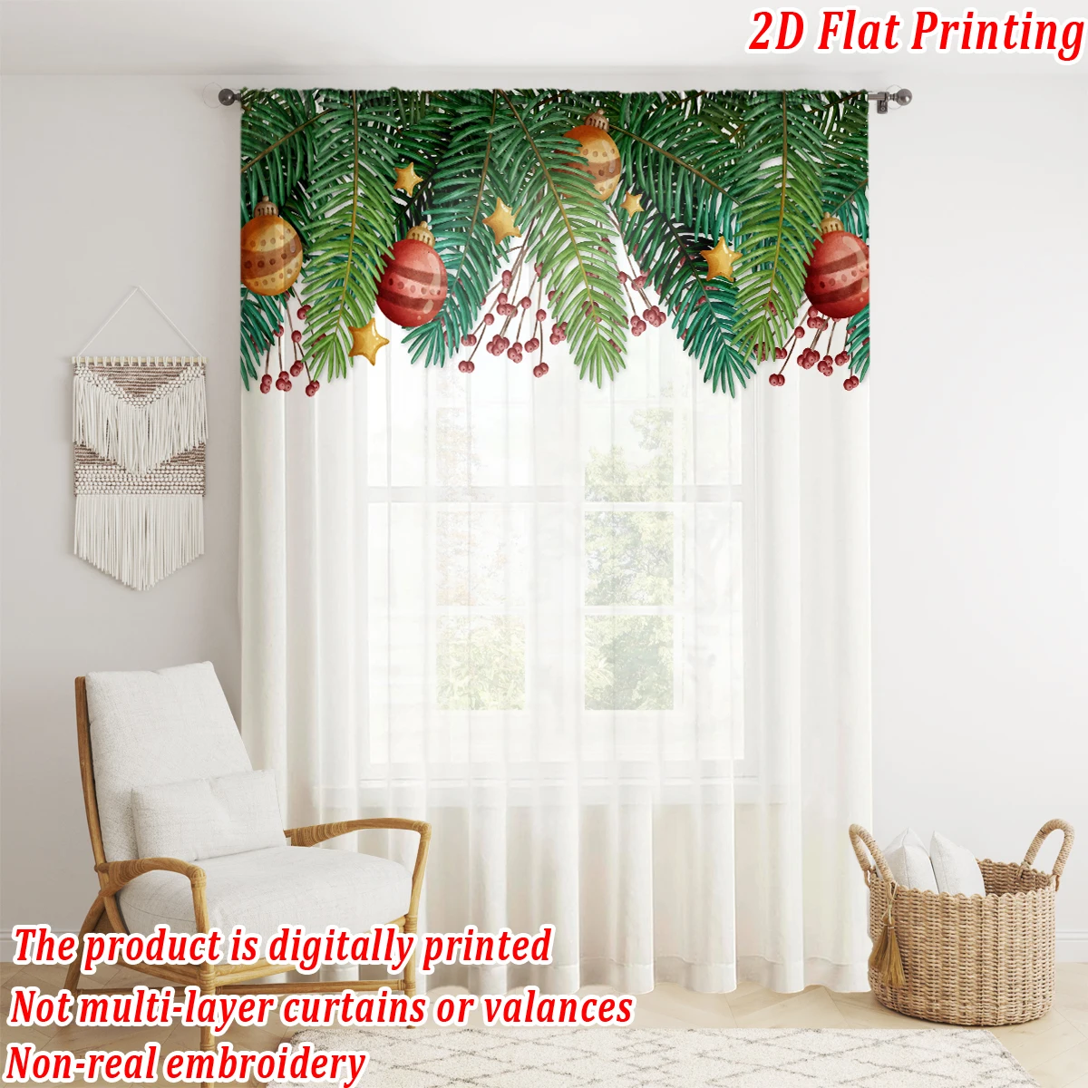 Christmas Flat Printing Sheer Curtain with Christmas Ball Berry Star Pine Branch for Living Room Bedroom Decor Holiday Party