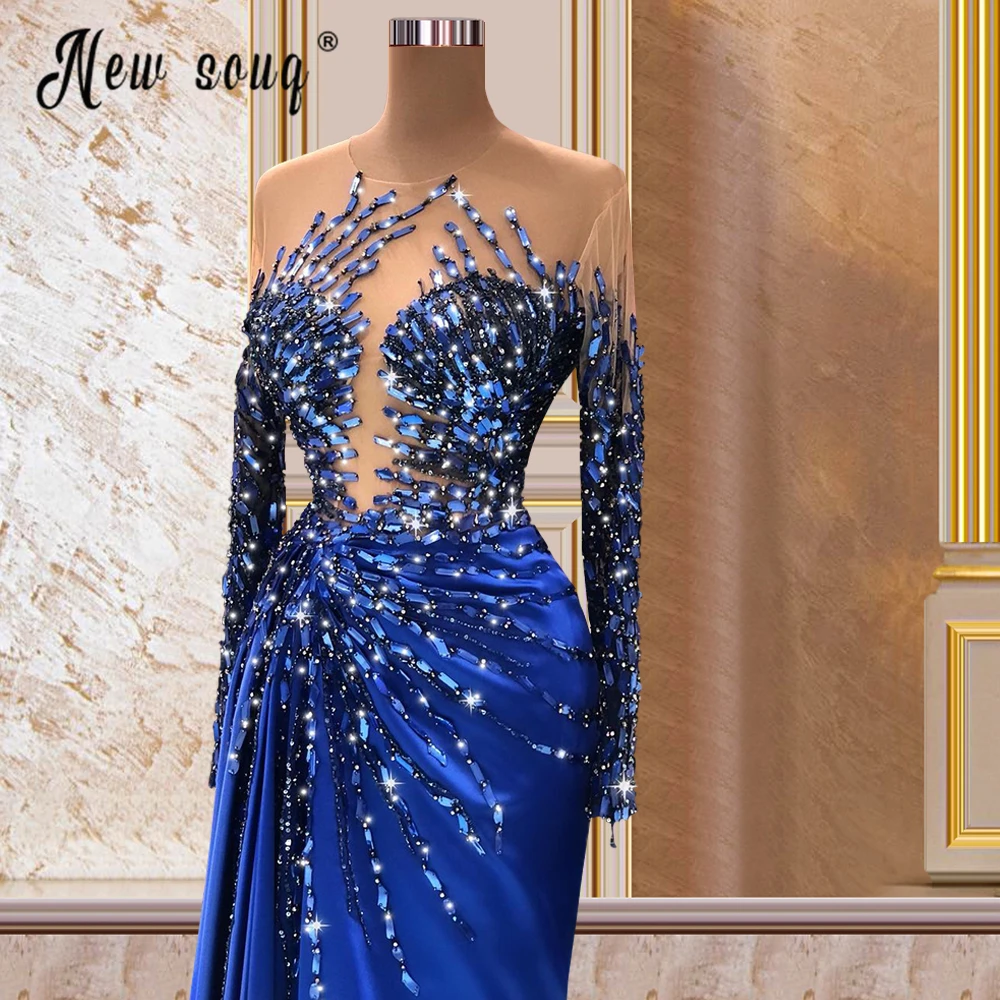 Royal Blue Sheer ชุดราตรียาวคอยาวคริสตัลลูกปัดซาตินปาร์ตี้ Prom Gowns แอฟริกัน Celebrity Dress Plus ขนาด DFF120