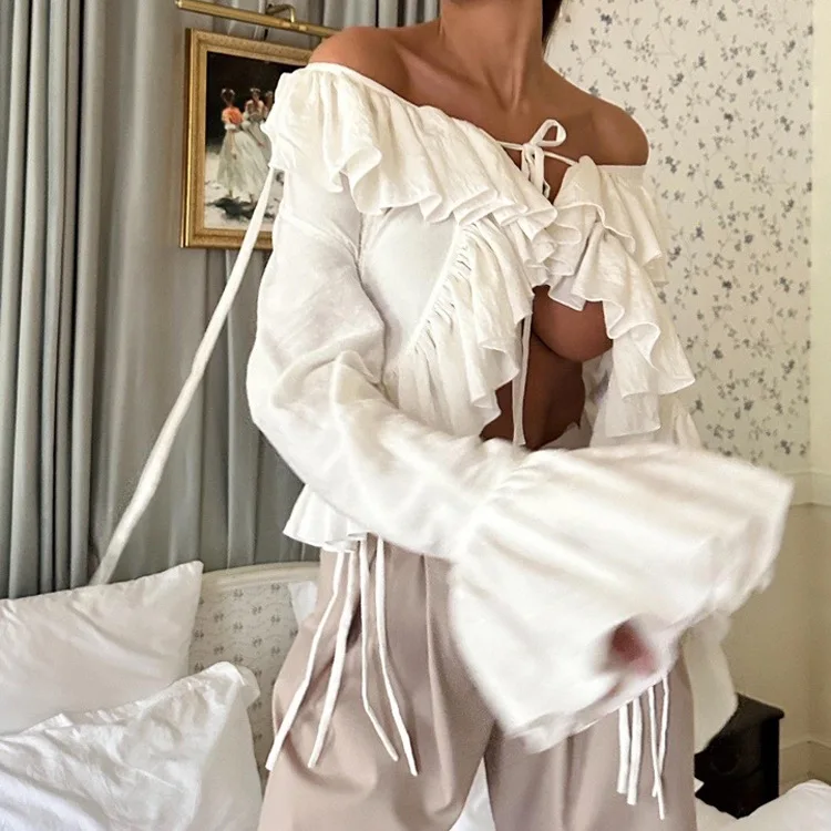 

Белые женские рубашки с рюшами, летние плиссированные блузки с V-образным вырезом и шнуровкой, повседневные элегантные шикарные уличные рубашки для женщин