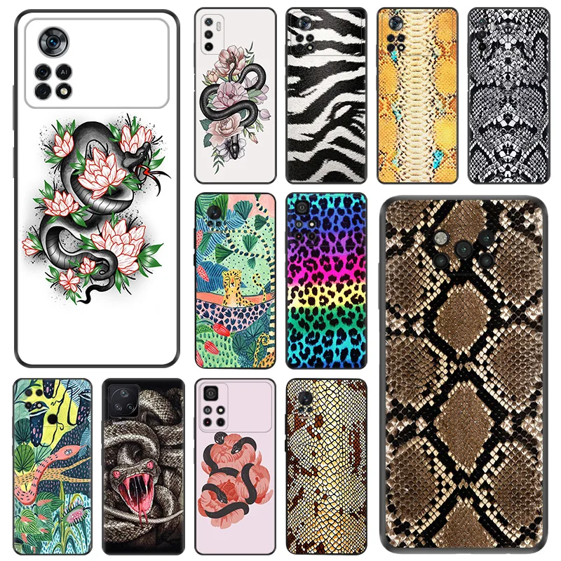 Black Matte Phone Case For Xiaomi Poco C61 M5 X5 Pro C51 C50 C40 X4 X3 F5 M4 M3 F3 Soft Flower Python Snake Scales Leopard Cover