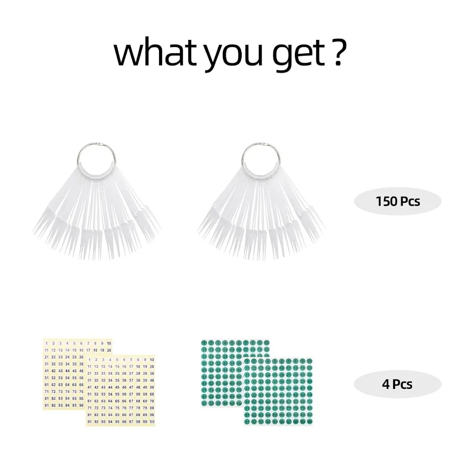Bâtons d'échantillons d'ongles avec autocollants numériques, 150 pièces, pour affichage des couleurs, échantillons de vernis à ongles transparents en forme d'aiguilles avec anneau pour