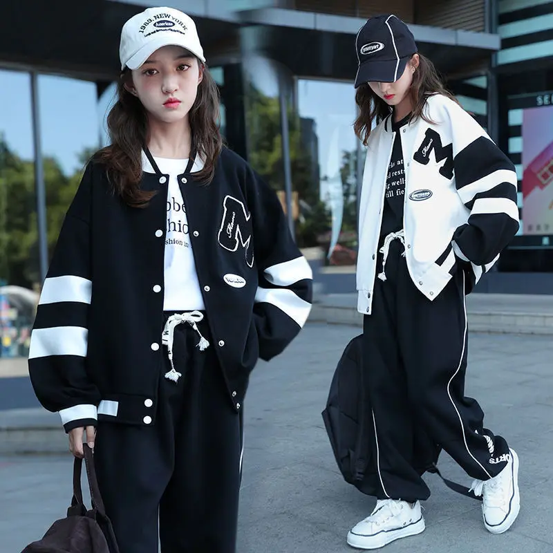 Girls Contrast Alphabet Single-breasted Sweat Varsity Jacket+Drawstring Sweatpant Set School Kids Tracksuit Child Outfit