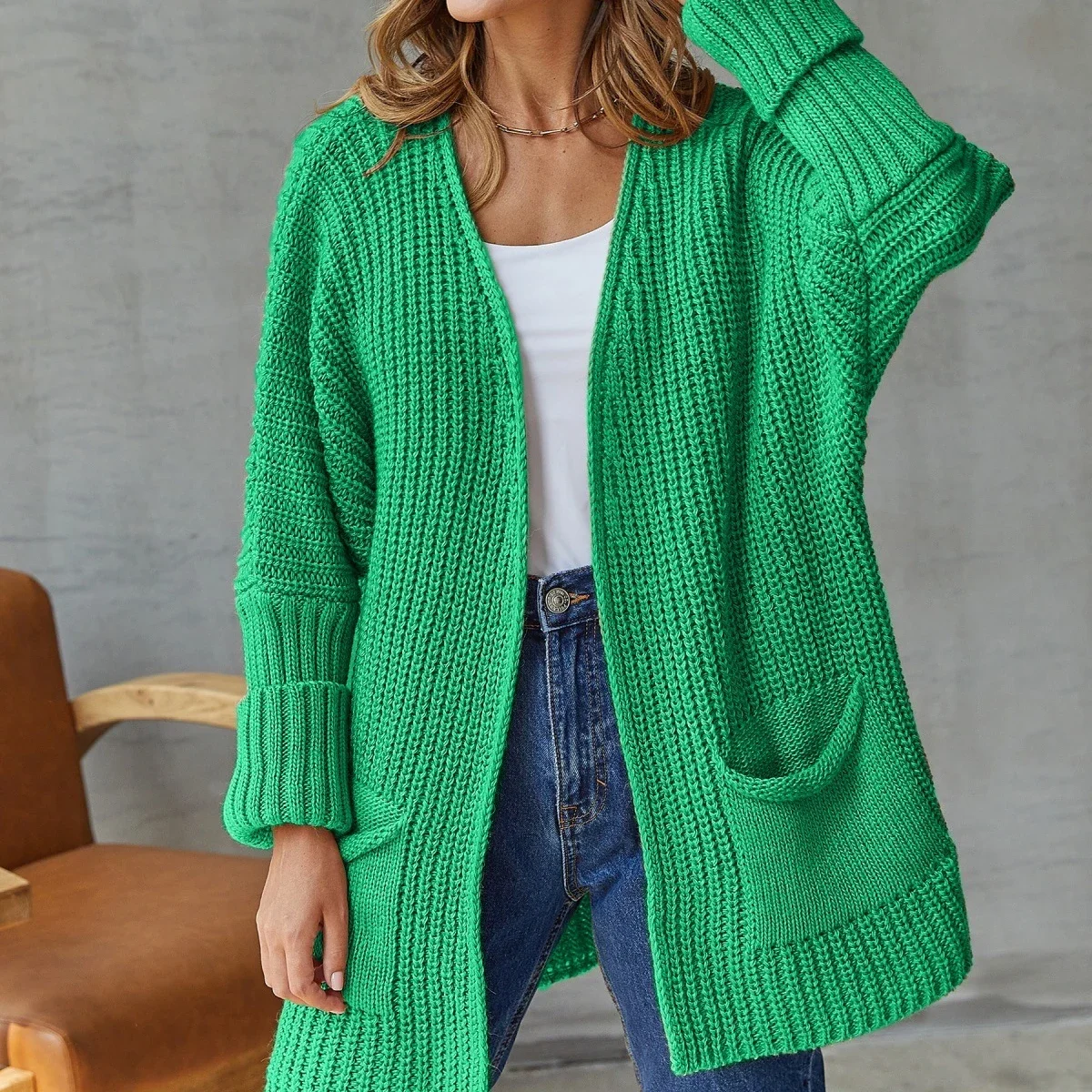 

Green Cardigan Knit Sweater Women Spring Autumn Winter Sweater Heart Pocket Knitted Loose Maxi Coat Long Jacket Jumpers Pullover