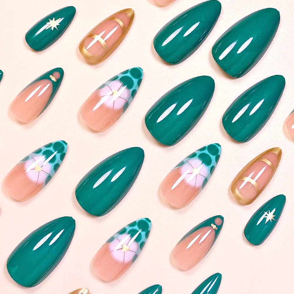 Faux ongles français simples en forme d'amande, léopard noir, avec Design étoile dorée, colle Y2K, pour femmes, Style Cool, 24 pièces