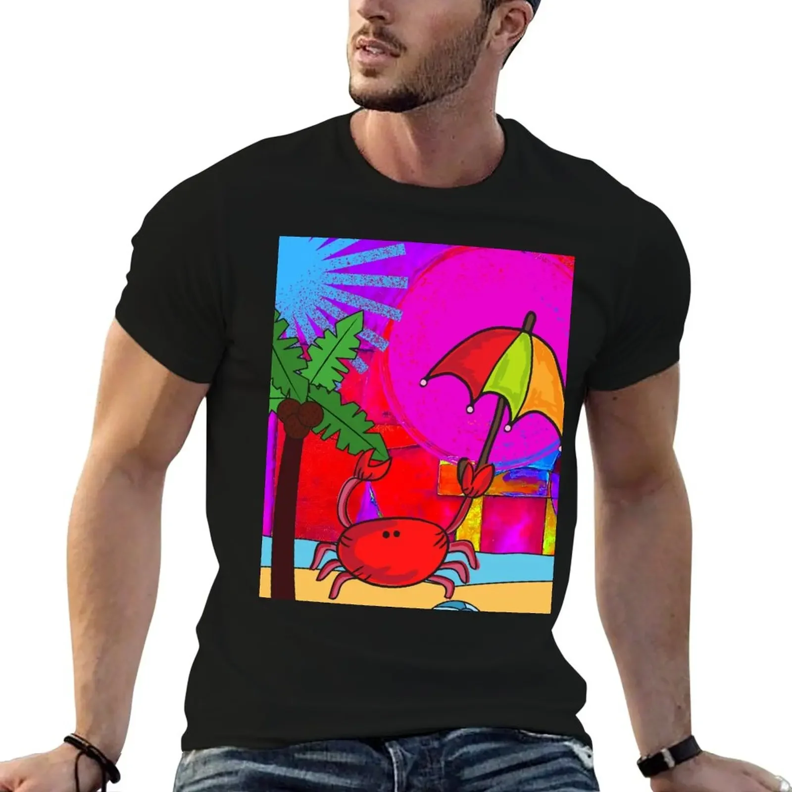 

CUTE FUNNY CARTOON FUCHSIA RED PINK CRAB WITH UMBRELLA ON BEACH ORIGINAL ART T-Shirt anime t shirts mens tall t shirts