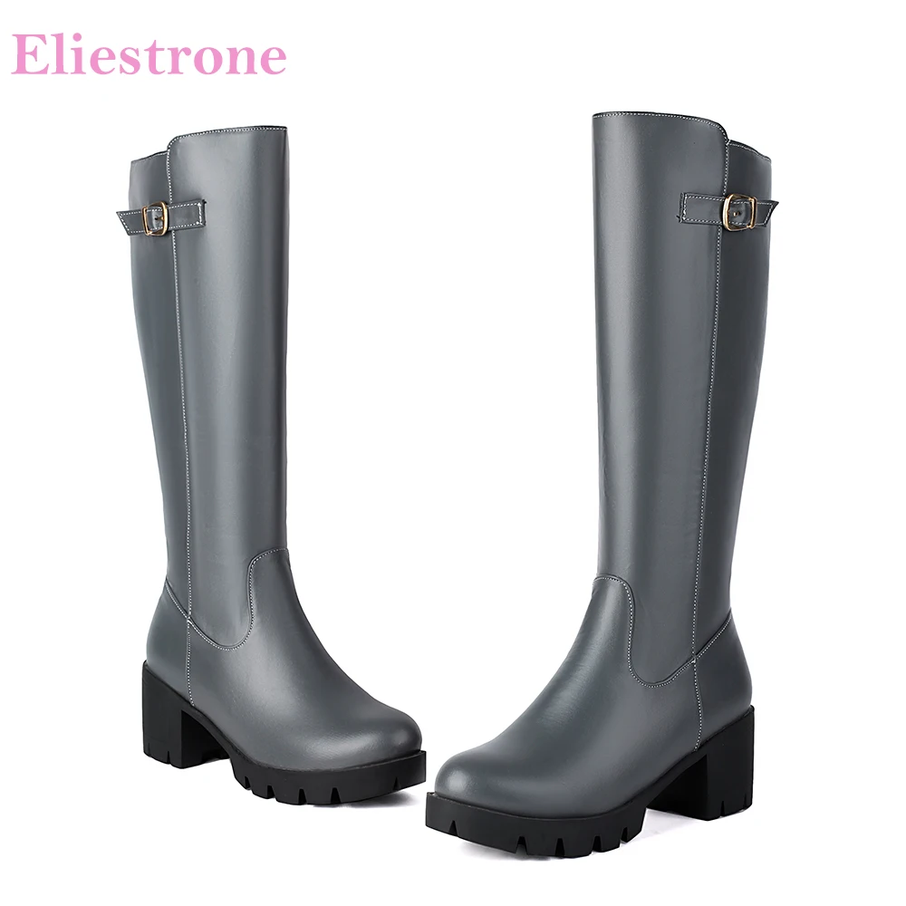 

2025 New Winter Elegant Grey Yellow Women Knee High Riding Boots Platform High Block Heels Lady Shoes Plus Big Size 11 42 46