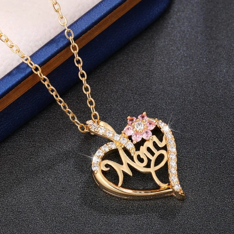 Huitan Mother\'s Day Necklace for Mom Luxury Trendy Craved Pendant Necklace Pink Flower Aesthetic Neck Accessories Love Jewelry