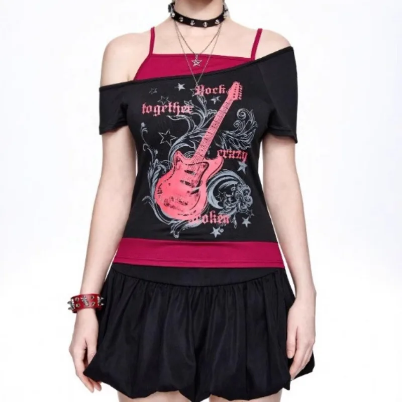 2026 New Vintage Slim Fit Print Tops Women Off Shoulder Short Sleeve Tee Shirt Streetwear Fake Two Piece Halter Lace Up T-shirts