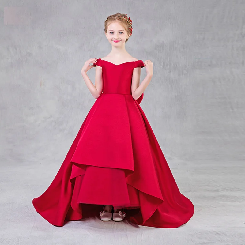 

Girls' Short Front And Long Back One-Shoulder Waist Bow Ball Gown Christmas Dress Holiday Dress Junior Bridesmaid Dress /Custom