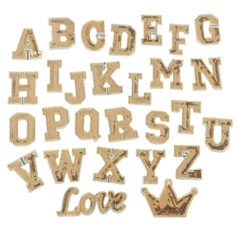 Golden Sequins Embroidery Patches 26 Capital English Letters Iron on Alphabet Appliques Thermo Adhesive Love Crown Sparkle Patch