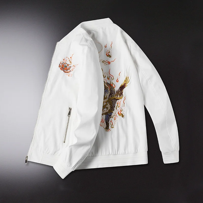 

New Autumn Black Men's Jacket, White Chinese Embroidered Jacket, Fashionable Casual Wear, European Size Outerwear