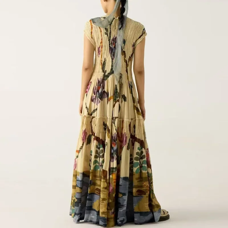 Vintage Pattern Print Long Pleated Dress Woman Spring Elegant O Neck A-Line Maxi Dresses Summer Short Sleeve Vacation Boho Dress