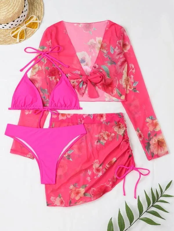 Traje de baño con estampado Floral para mujer, ropa de playa con cordón, falda envolvente con cordones, conjunto de Bikini de cuatro piezas para vacaciones, verano 2025