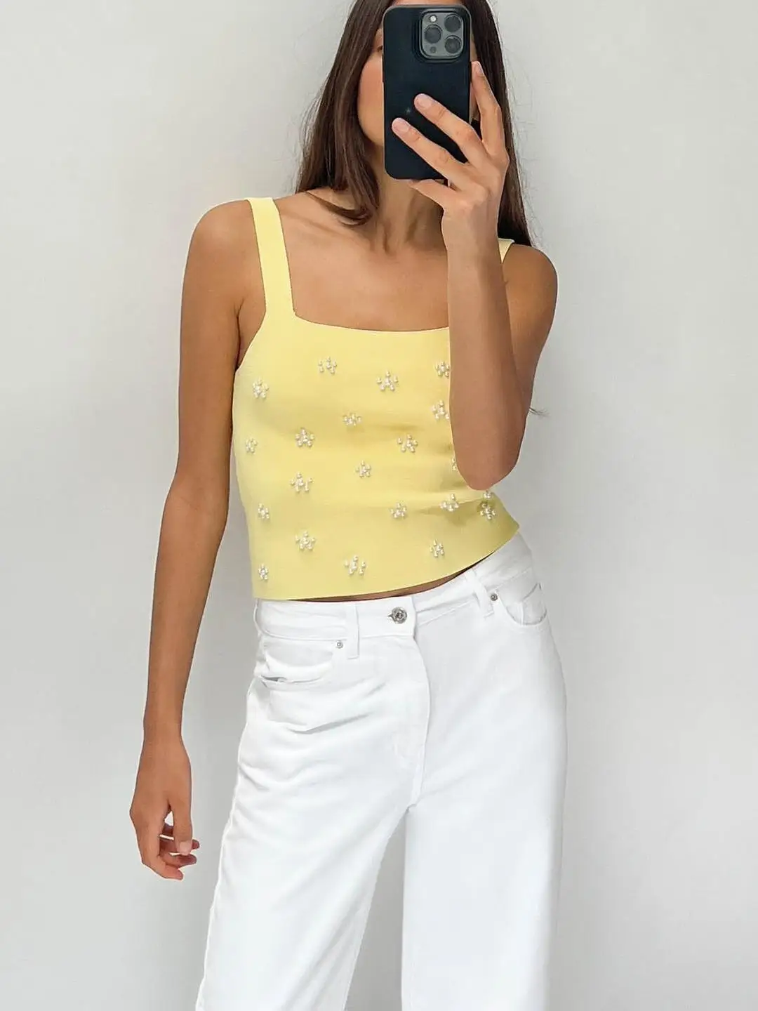 

Sweet Yellow Artificial Pearl Knitted Women's Top New Summer Faion Slim Fit ort Length Pure Color Outerwear Vest