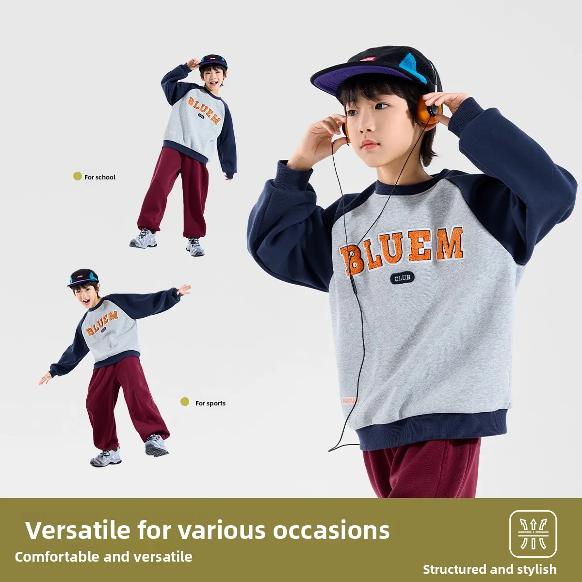 Bluem Boys' Fleece Lined Hoodie round Neck Pullover Kids' Thermal Wear Comfortable Cotton Polyester Blend Winter Clothing
