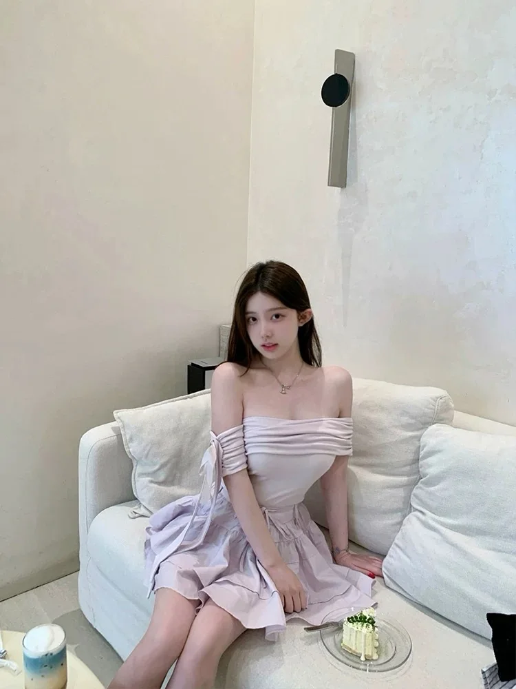 

Korean Female Atmosphere StellaLou Purple One Shoulder Half Skirt Dressing Set Summer New Two Piece Set For Women