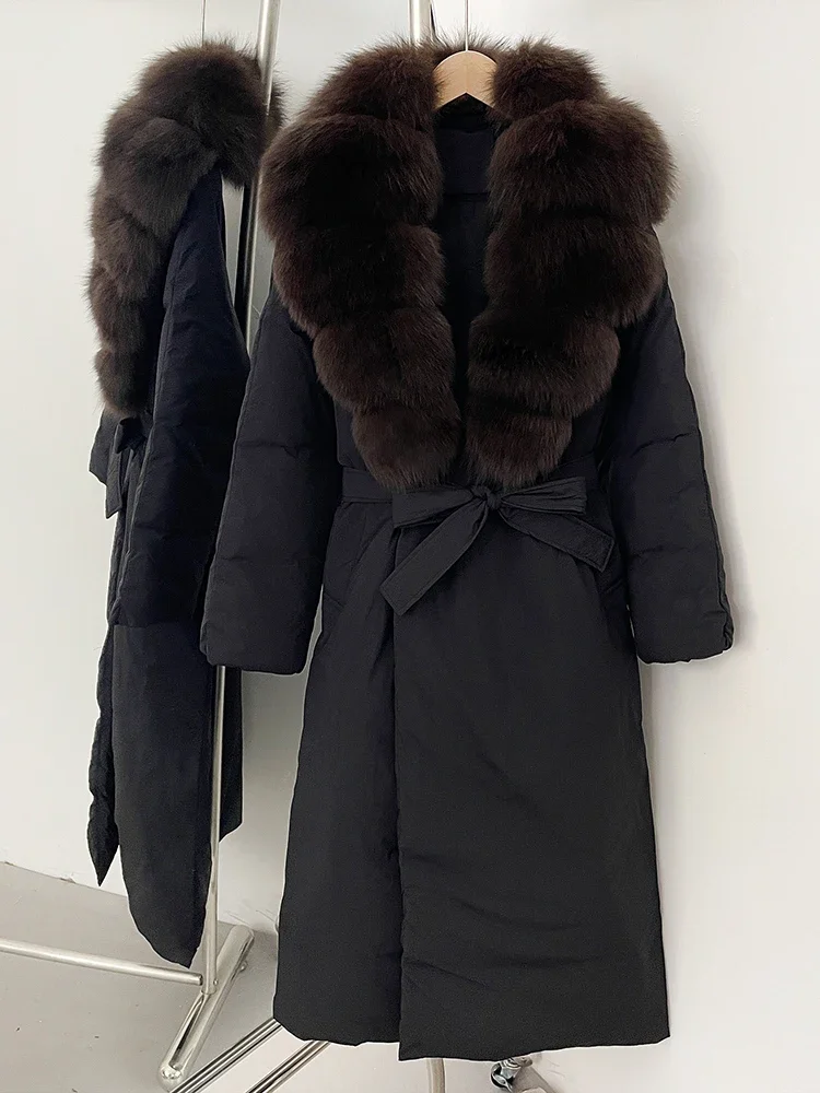 MENINA Echter Fuchspelzkragen, flauschige Pufferjacke, weiblich, 2025, lange Winter-Daunenkleidung, Damen, verdickt, warm, weiße Ente, Daunenmantel