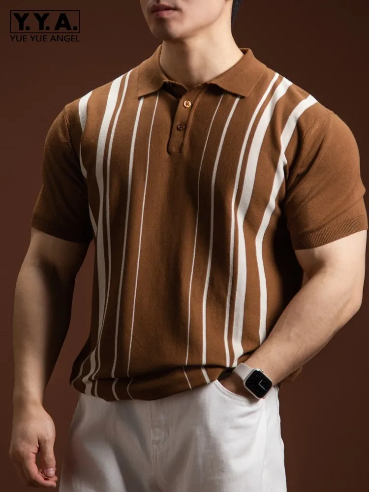 Summer Mens Breathable Knitted T-Shirt Lapel Collar Business Casual Work Tops Pullover Knitwear Vintage Striped Male Tees Tops