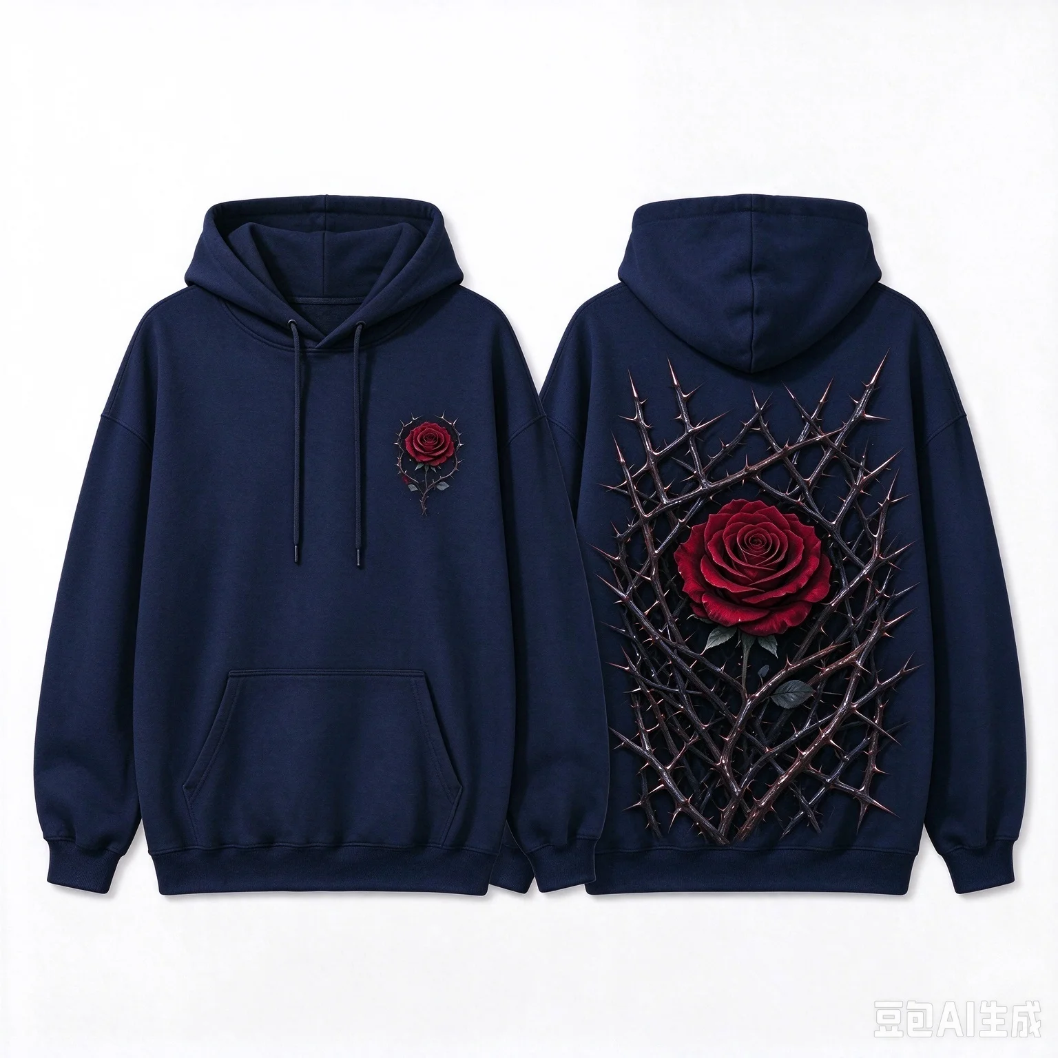 Men's Loose Drawstring Hoodie, Right Chest Small Thorn Rose Logo, Full Back Thorns with Hidden Rose Graphic Pullover, Streetwear