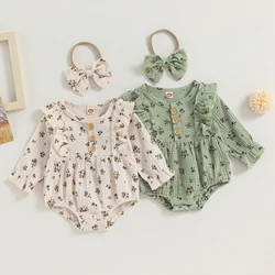 Autumn Newborn Baby Girls Rompers Clothing Ruffles Floral Long Sleeve Button Rompers Jumpsuits Headband Casual Outfits