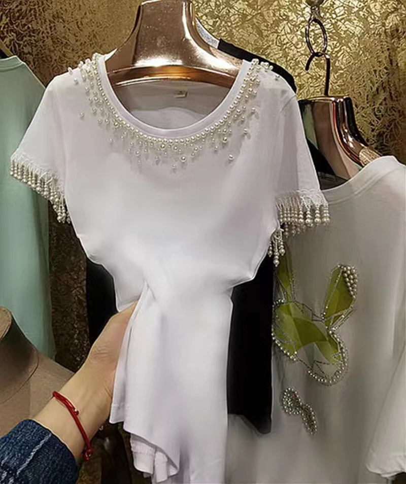 Pearls Beaded Embroidery Cotton T Shirt For Women 2024 Summer New In Short Sleeve Tops Tess White Tshirts Woman Clothing