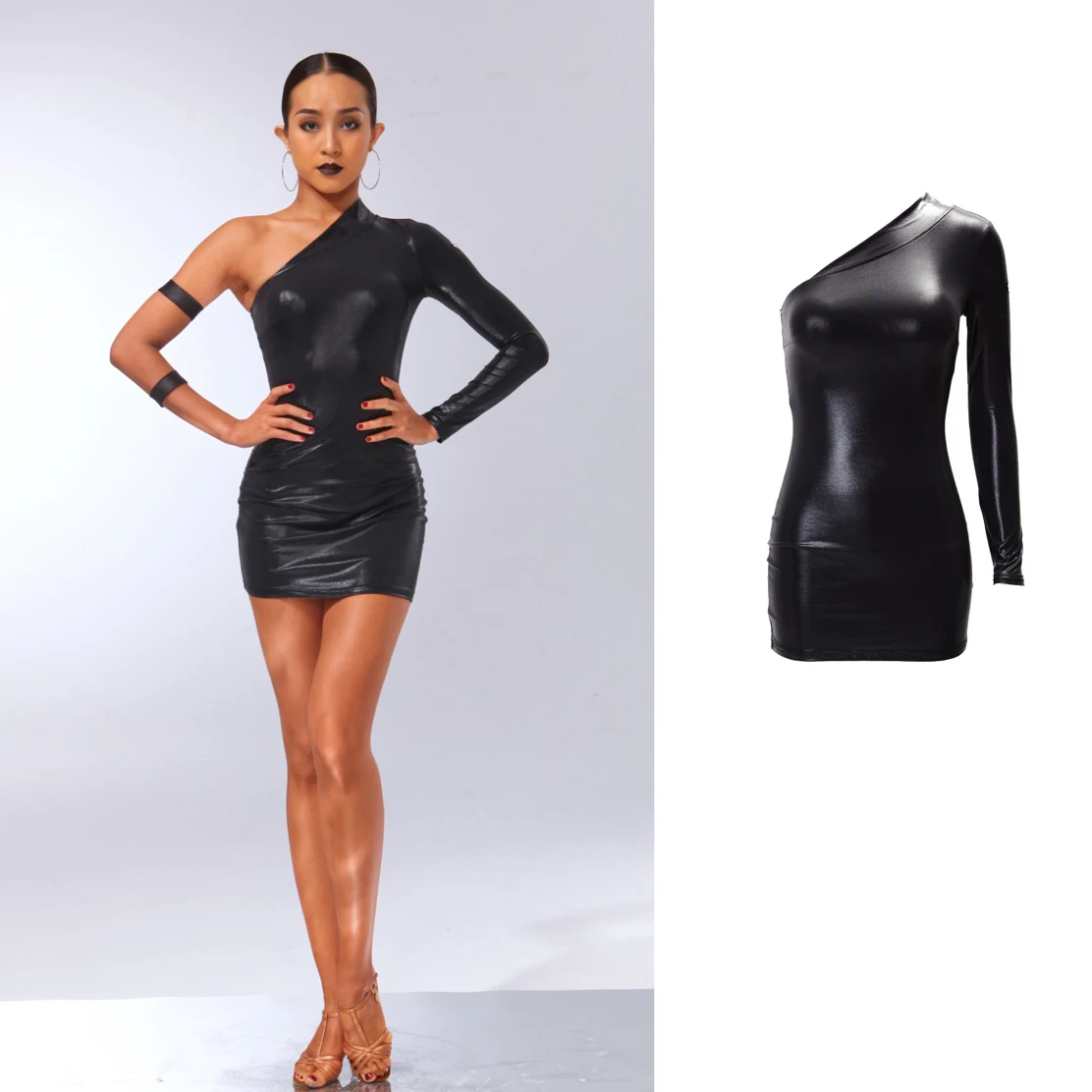 Latin Dance Practice Dress Slanted Shoulders Hip Wrap Slim Fit Leather Performance Dress Chacha Samba Dance Clothes DQL9740