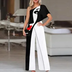 Fashion Off Shoulder Jumpsuit Women Print Patchwork Irregular High Waist Wide Leg Jumpsuits Streetwear One Pieces Bodysuits 2024