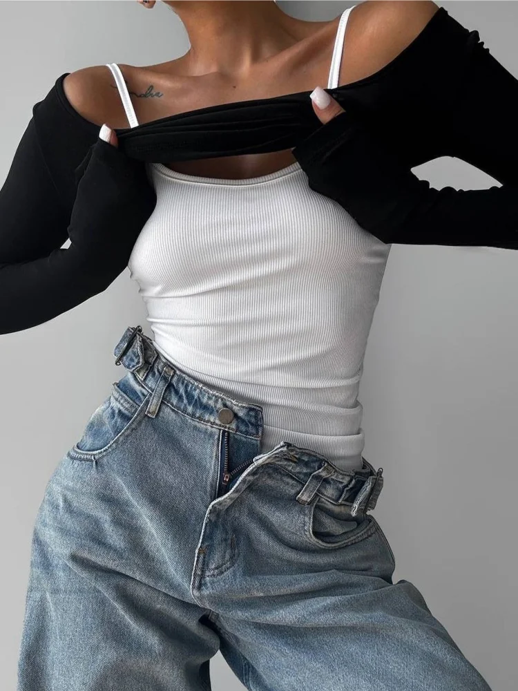 المرأة متماسكة بلايز قبالة الكتف سترة ضئيلة الجرافيك طباعة كم طويل تريكو ربيع الخريف Y2K الجمالية الشارع الشهير الخصر حتى مثير