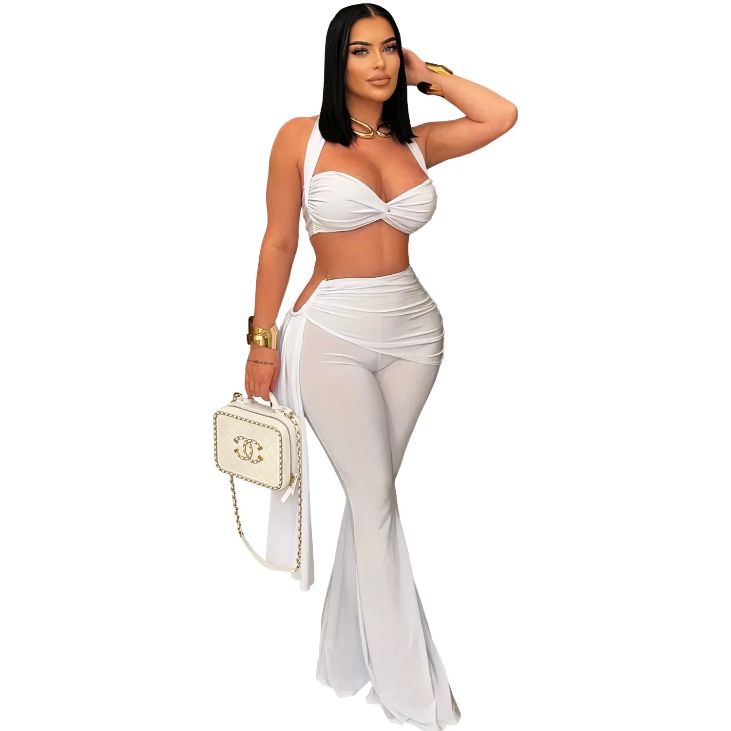 

Street Women's Set Halter Neck Crop Top and Ruched Wide Leg Pants 2025 Holiday Vacation Sexy Two 2 Piece Set Outfits