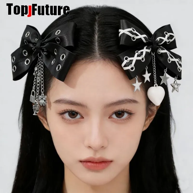 

Subculture Dark Harajuku Gothic Personality Steampunk lolita Y2K girl Tie Bow Star Pendant Women Hair Clip pins Hairpin