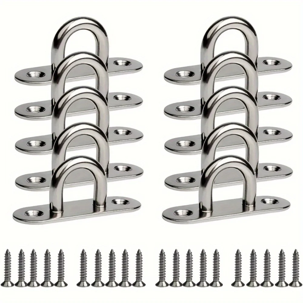 10x Stainless Steel Screw Hooks And 20x Mounting Screws, M5 Eye Plate with Ring, for Marine Equipment, Ceiling Wall Hangings