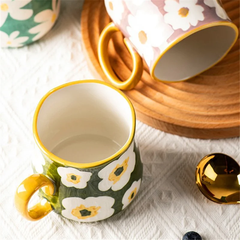 1pcs ceramic mug, hand drawn style water cup, 16oz/480ml breakfast cereal coffee cup